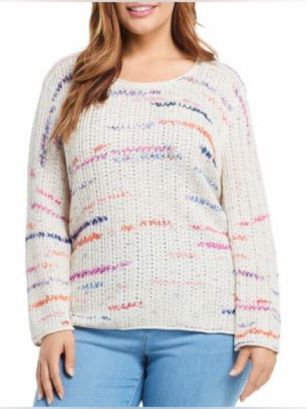 NIC+ZOE Sweater Cream White Speckled Multicolored Crewneck Cotton Blend Women L